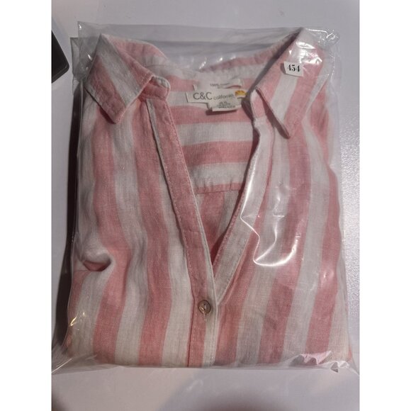 CC California Womens XL Linen Button Up Top Roll Tab Sleeves Pink Stripe Beachy - Picture 13 of 13